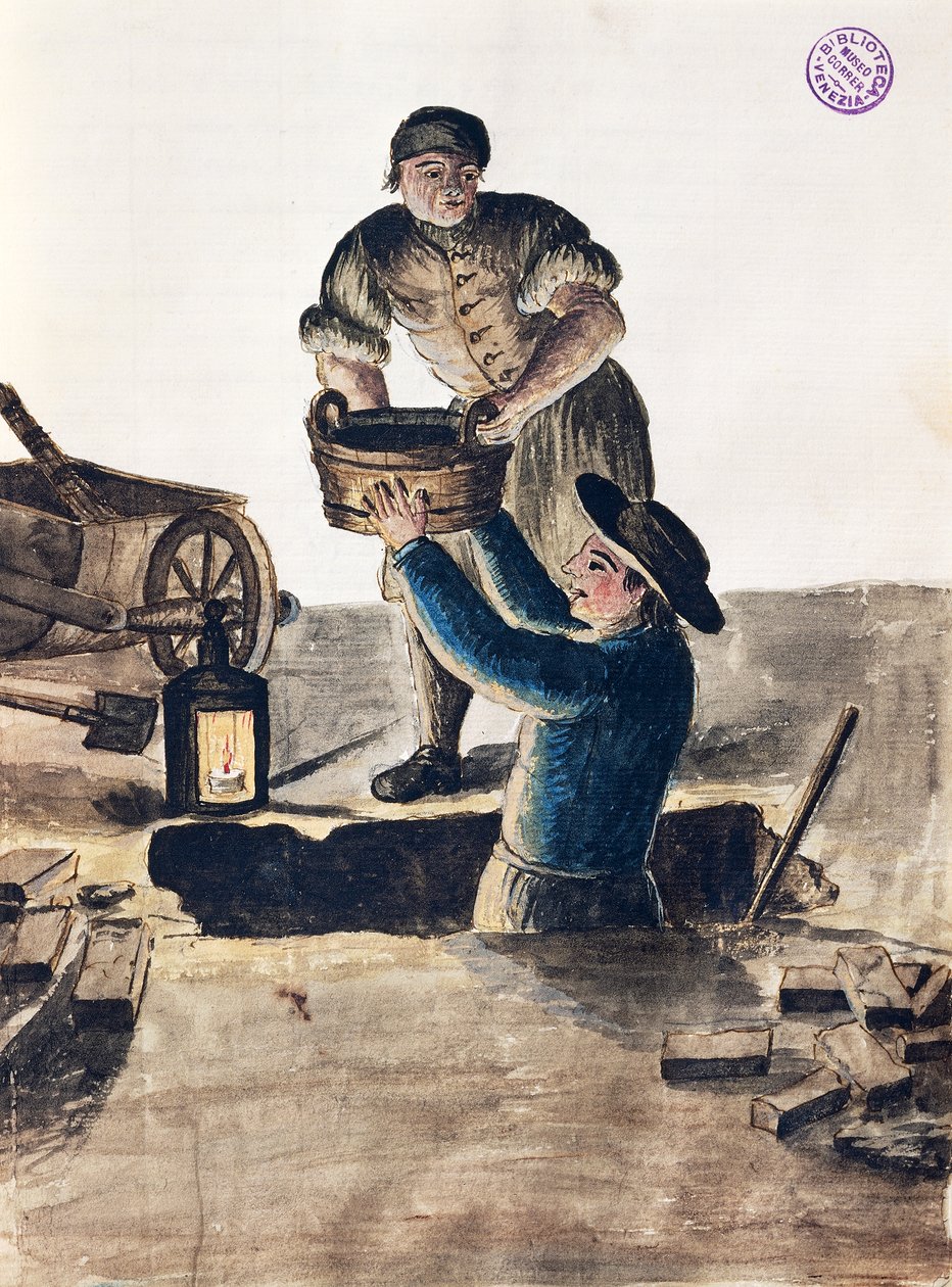 Limpeza do esgoto público, ilustração do livro Ilustrado de trajes venezianos, de Jan Grevenbroeck (1731-1807), aguarela, Itália de Jan van Grevenbroeck
