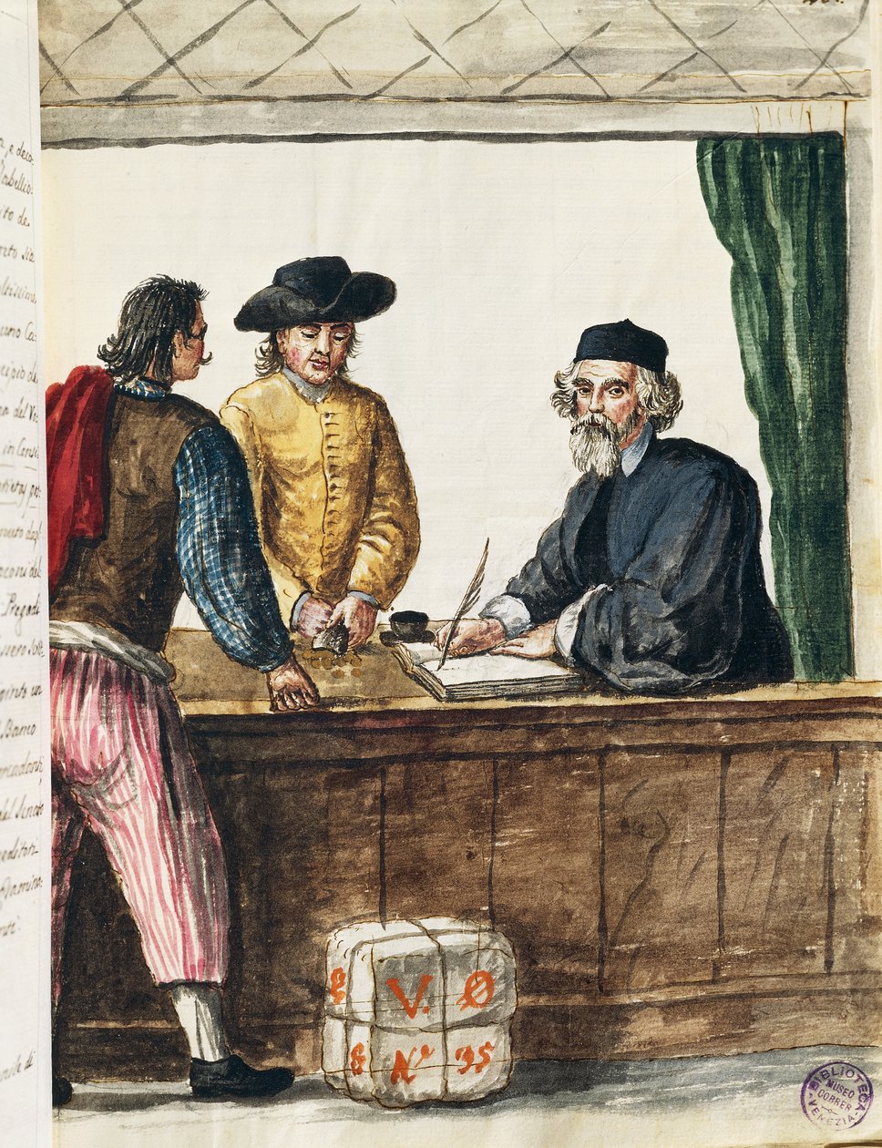 Distinto comerciante, ilustração do livro Ilustrado de trajes venezianos, de Jan Grevenbroeck (1731-1807), aguarela, Itália de Jan van Grevenbroeck
