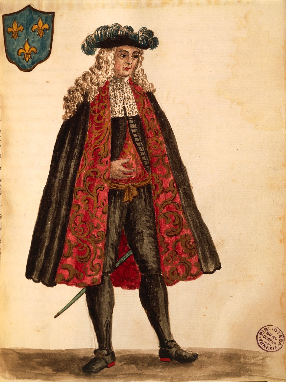 Embaixador francês, por Jan van Grevenbroeck ou Giovanni Grevembroch (1731-1807), Gli Abiti de Veneziani, de livro ilustrado de fantasias, aguarela de Jan van Grevenbroeck