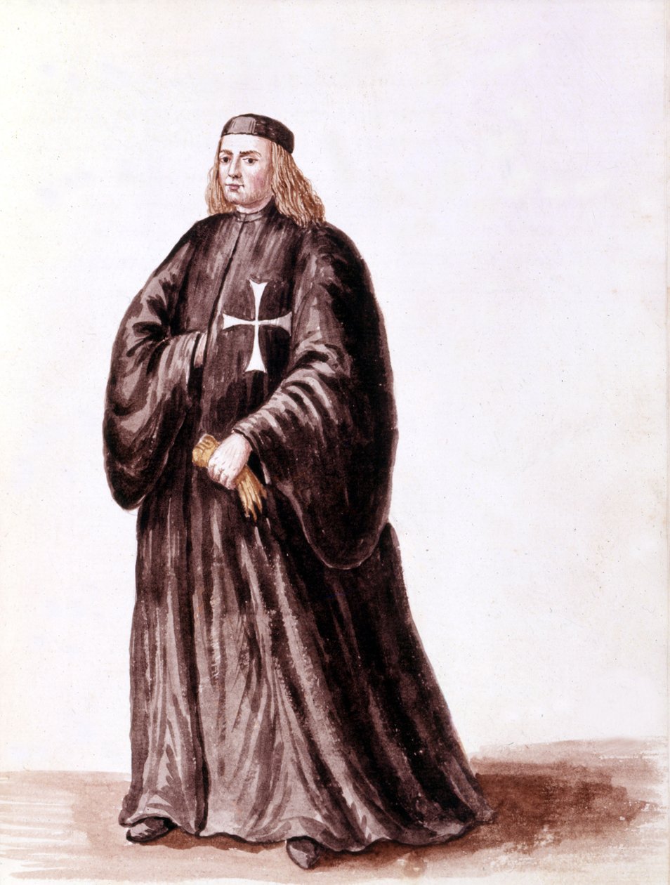 Cavaleiro de Malta. Desenho aquarelado e tinta do manuscrito "Costumes dos Venicianos" de Jan van Grevenbroeck (ou Giovanni Grevembroch (Grevenbroch) (1731-1807) de Jan van Grevenbroeck