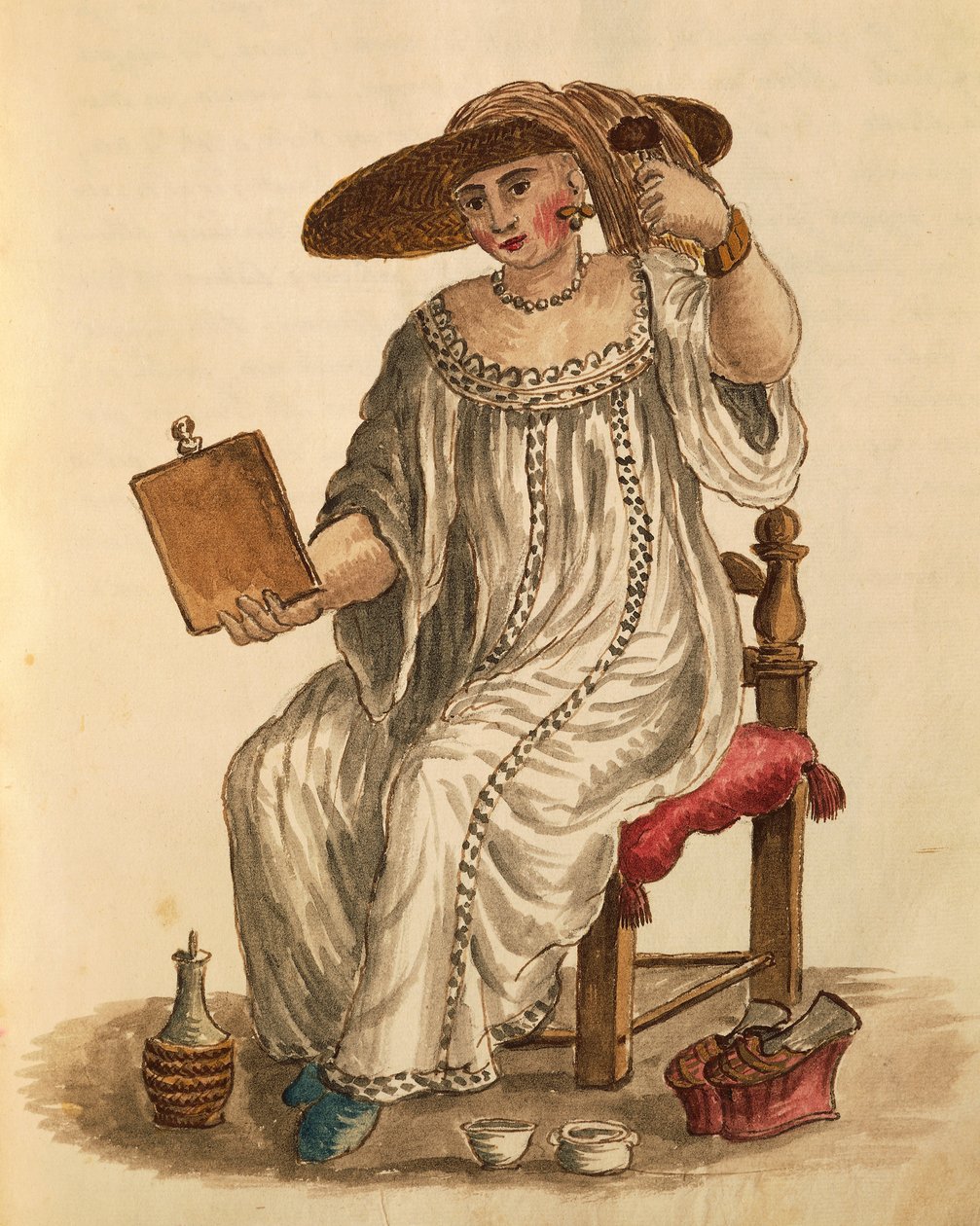 Lady putting on her make-up, de Jan van Grevenbroeck ou Giovanni Grevembroch (1731-1807), Gli Abiti de Veneziani, de livro ilustrado de fantasias, aguarela de Jan van Grevenbroeck