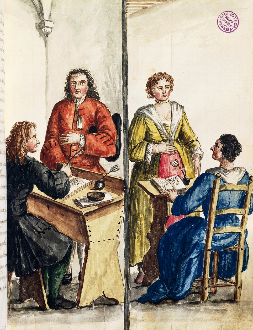 Agência de casamentos, ilustração do livro Ilustrado de trajes venezianos, de Jan Grevenbroeck (1731-1807), aguarela, Itália de Jan van Grevenbroeck