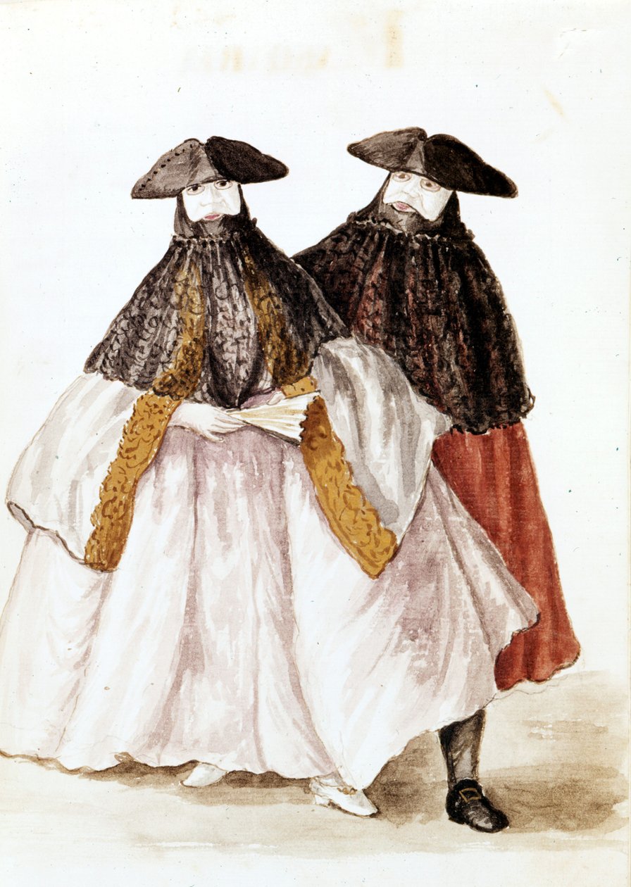 Máscaras do Carnaval de Veneza. Desenho aquarelado e tinta do manuscrito "Costumes dos Venicianos" de Jan van Grevenbroeck (ou Giovanni Grevembroch (Grevenbroch) (1731-1807) de Jan van Grevenbroeck
