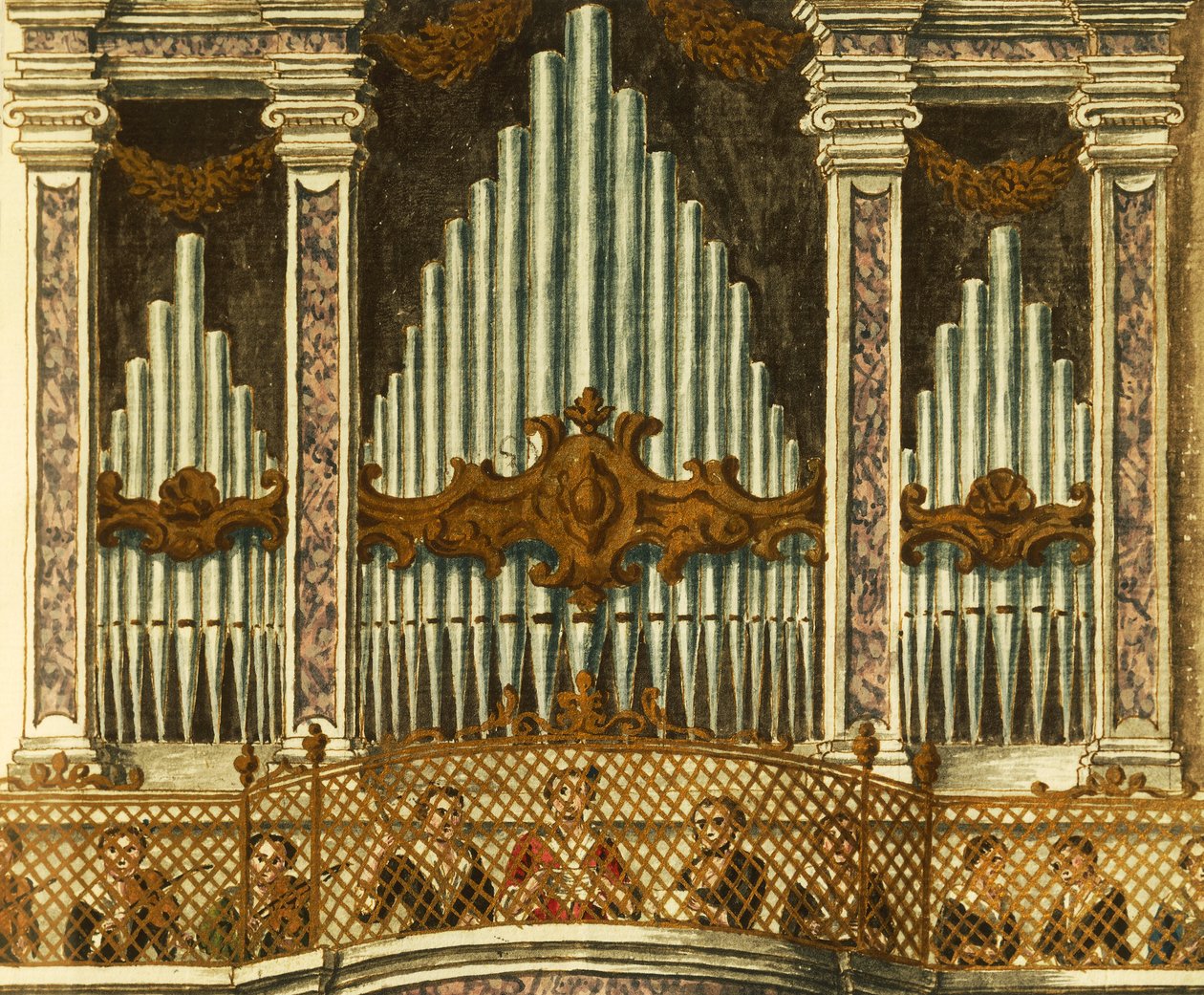 Órgão, detalhe da cantata de putte, de Giovanni Grevembroch. Itália de Jan van Grevenbroeck