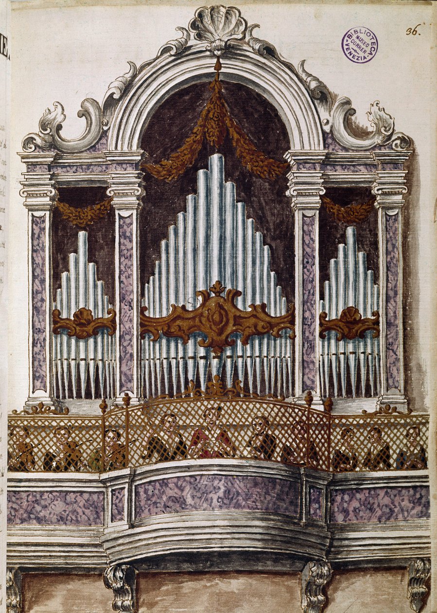 Canto dos órfãos, órgão do coro da igreja da Ospedale della Pieta, Veneza (Coro dos órfãos) Desenho aquarelado e tinta do manuscrito "Costumes dos Venicianos" de Jan van Grevenbroeck (ou Giovanni Grevembroch (Grevenbroch) (1731-1807) de Jan van Grevenbroeck