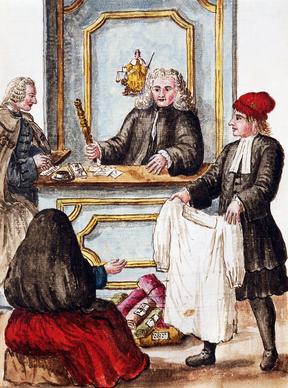 Loja de penhores, ilustração do livro Ilustrado de trajes venezianos, de Jan Grevenbroeck (1731-1807), aguarela, Itália de Jan van Grevenbroeck