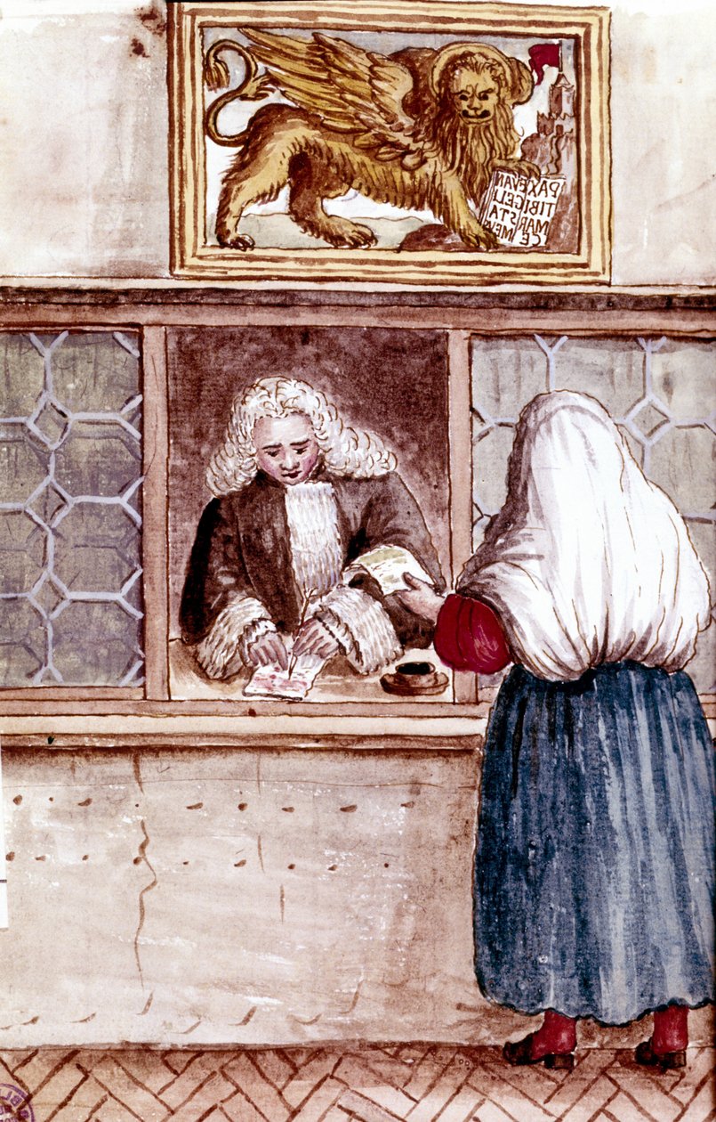 Loja de penhores. Monte da piedade em Veneza. Desenho aquarelado e tinta do manuscrito "Costumes dos Venicianos" de Jan van Grevenbroeck (ou Giovanni Grevembroch (Grevenbroch) (1731-1807) de Jan van Grevenbroeck