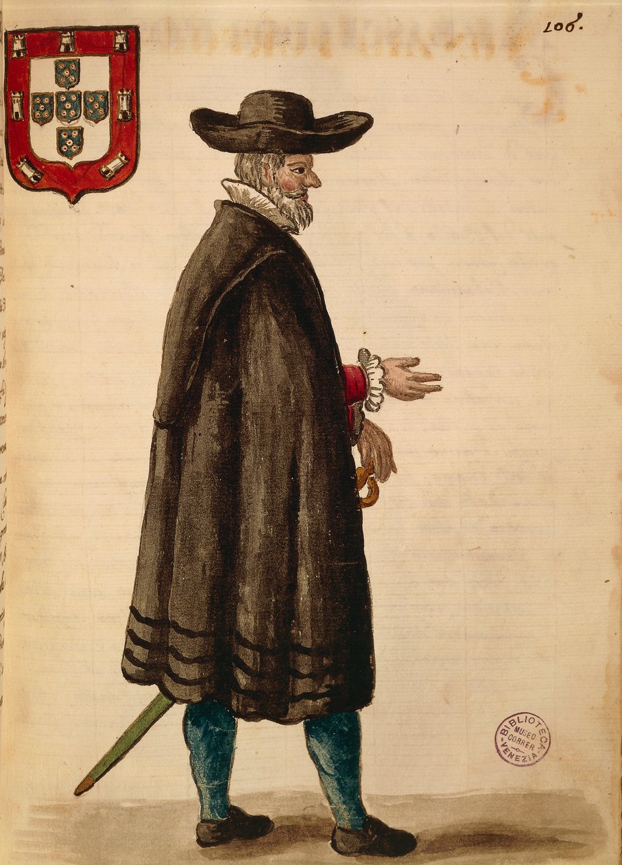 Embaixador português, por Jan van Grevenbroeck ou Giovanni Grevembroch (1731-1807), Gli Abiti de Veneziani, de livro ilustrado de fantasias, aguarela de Jan van Grevenbroeck