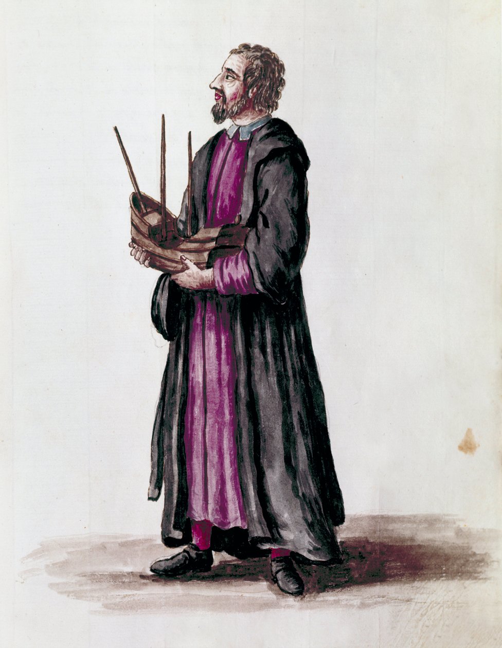 Representação de um arquiteto naval, ele segurou em suas mãos o modelo em miniatura do navio que ele construiu Detail. Desenho aquarelado e tinta do manuscrito "Costumes dos Venicianos" de Jan van Grevenbroeck (ou Giovanni Grevembroch (Grevenbroch) (1731-1 de Jan van Grevenbroeck