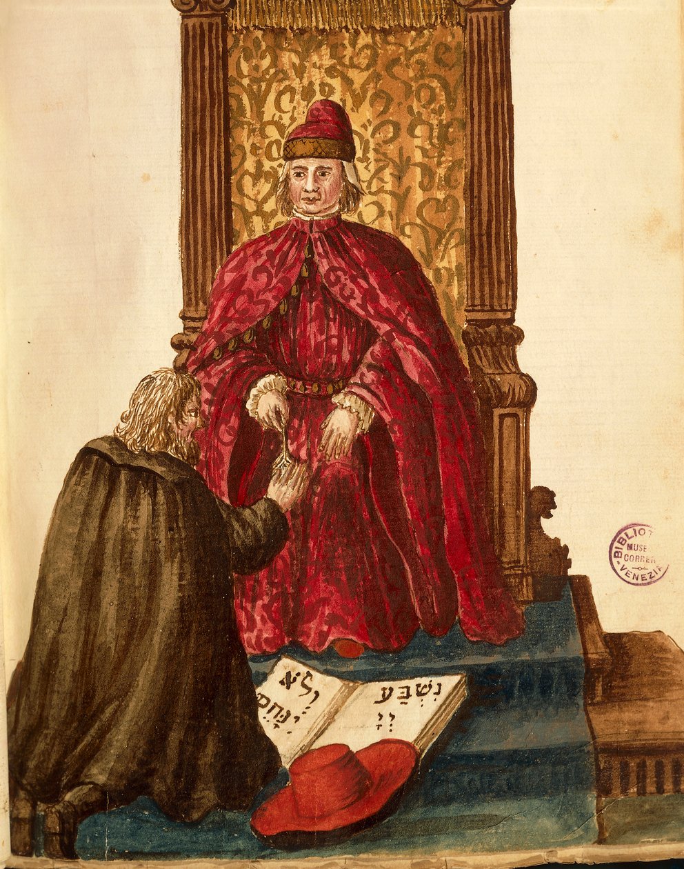 Dignitário da República jura fidelidade ao Venetian Doge, de Jan van Grevenbroeck ou Giovanni Grevembroch (1731-1807), Gli Abiti de Veneziani, do livro ilustrado de fantasias, aguarela de Jan van Grevenbroeck