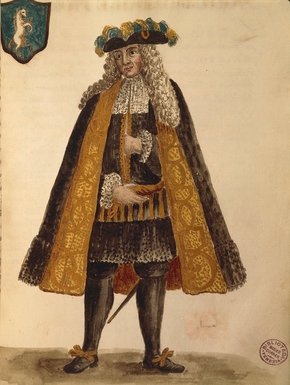 Embaixador sardo, por Jan van Grevenbroeck ou Giovanni Grevembroch (1731-1807), Gli Abiti de Veneziani, de livro ilustrado de fantasias, aguarela de Jan van Grevenbroeck