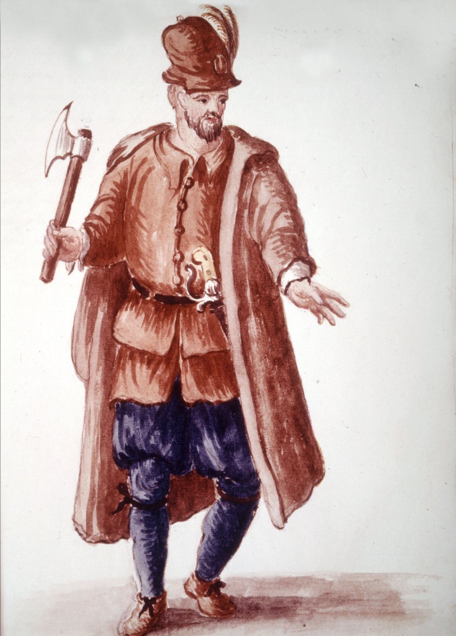 Scapolo di galéa: Remador pago nas galés no século XVIII. Desenho aquarelado e tinta do manuscrito "Costumes dos Venicianos" de Jan van Grevenbroeck (ou Giovanni Grevembroch (Grevenbroch) (1731-1807) de Jan van Grevenbroeck