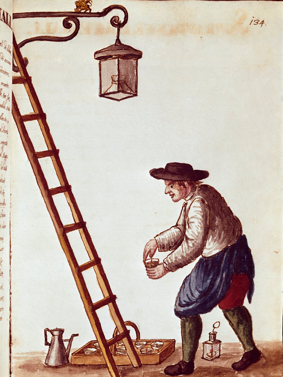 Pequeno metier: candeeiros de iluminação Desenho aquarelado e tinta de um manuscrito de Jan van Grevenbroeck (ou Giovanni Grevembroch (Grevenbroch) (1731-1807) de Jan van Grevenbroeck