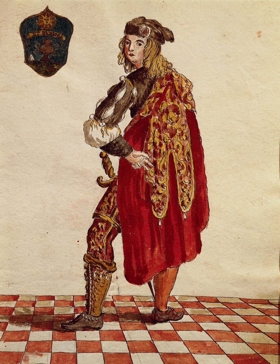 Fato de cavaleiro da Confraria de la Calza (meia) em 1564, de Jan van Grevenbroeck ou Giovanni Grevembroch (1731-1807), Gli Abiti de Veneziani, do livro ilustrado de fantasias, aguarela de Jan van Grevenbroeck