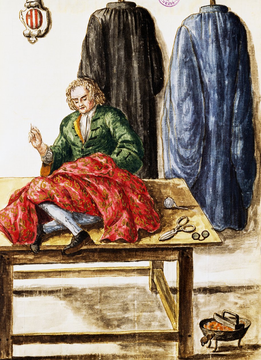 Alfaiataria, ilustração de Jan van Grevenbroeck (1731-1807) do manuscrito Dress of Venetians, Itália de Jan van Grevenbroeck
