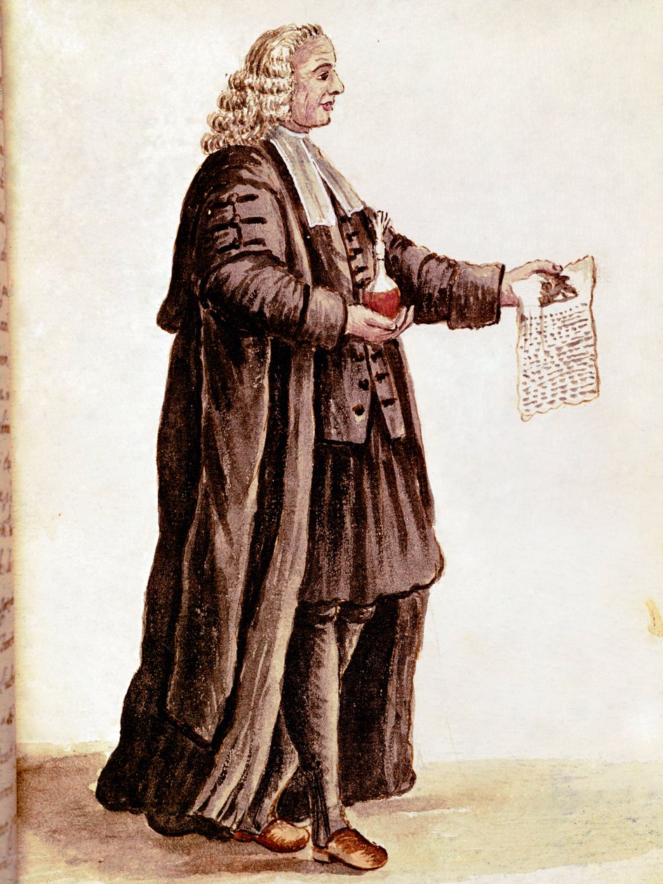 O boticário segurando em suas mãos um pequeno frasco e uma receita de receita médica Desenho de uma aquarela e tinta de um manuscrito de Jan van Grevenbroeck (ou Giovanni Grevembroch (Grevenbroch) (1731-1807) de Jan van Grevenbroeck
