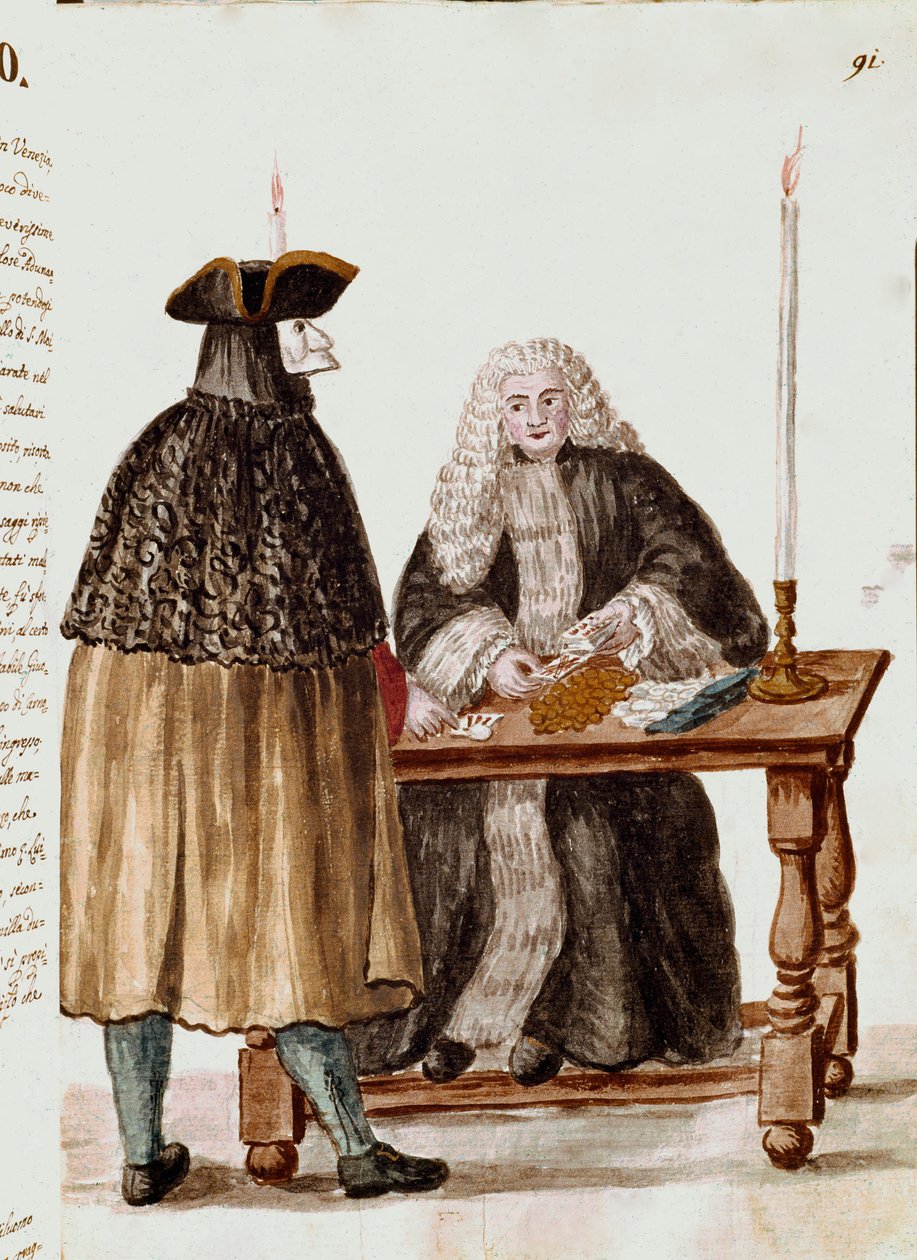A sala de jogo: uma máscara de personagem na frente do croupier puxando cartas, moedas são coletadas na mesa Desenho aquarelado e tinta retirada de um manuscrito de Jan van Grevenbroeck (ou Giovanni Grevembroch (Grevenbroch) (1731-1807) de Jan van Grevenbroeck