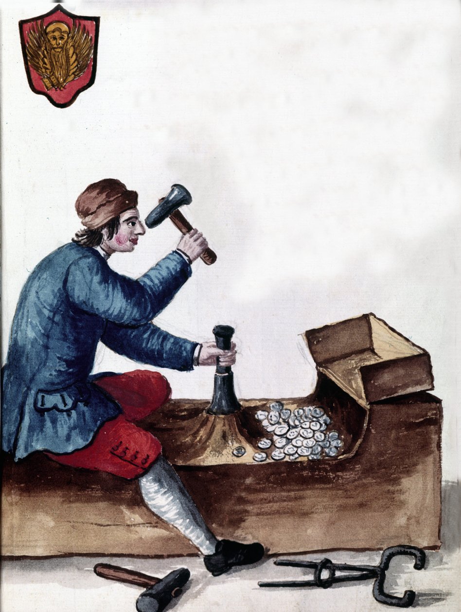 O fabrico de moedas da República de Veneza: fase da cunhagem. Desenho aquarelado e tinta do manuscrito "Costumes dos Venicianos" de Jan van Grevenbroeck (ou Giovanni Grevembroch (Grevenbroch) (1731-1807) de Jan van Grevenbroeck