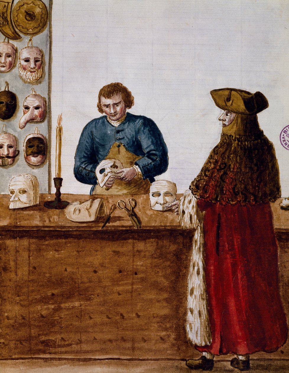 A loja de máscaras, ilustração do livro Ilustrado de trajes venezianos, Itália de Jan van Grevenbroeck