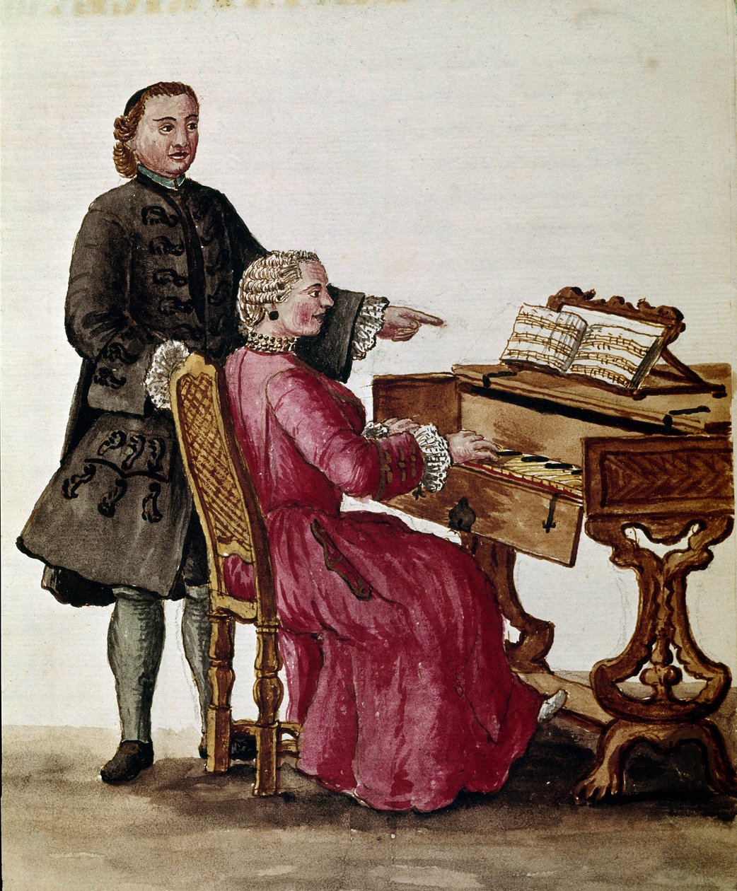 O cantor (O cantor de ópera tocando piano) Desenho aquarelado e tinta é tirada de Jan van Grevenbroeck (ou Giovanni Grevembroch (Grevenbroch) (1731-1807) de Jan van Grevenbroeck