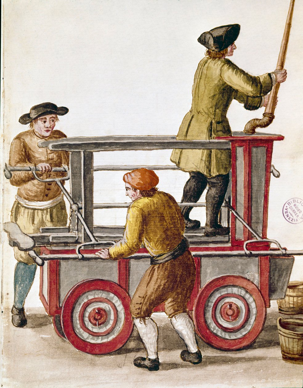 Uso de uma bomba de água ou bomba hidráulica Desenho aquarelado e tinta de um manuscrito de Jan van Grevenbroeck (ou Giovanni Grevembroch (Grevenbroch) (1731-1807) de Jan van Grevenbroeck