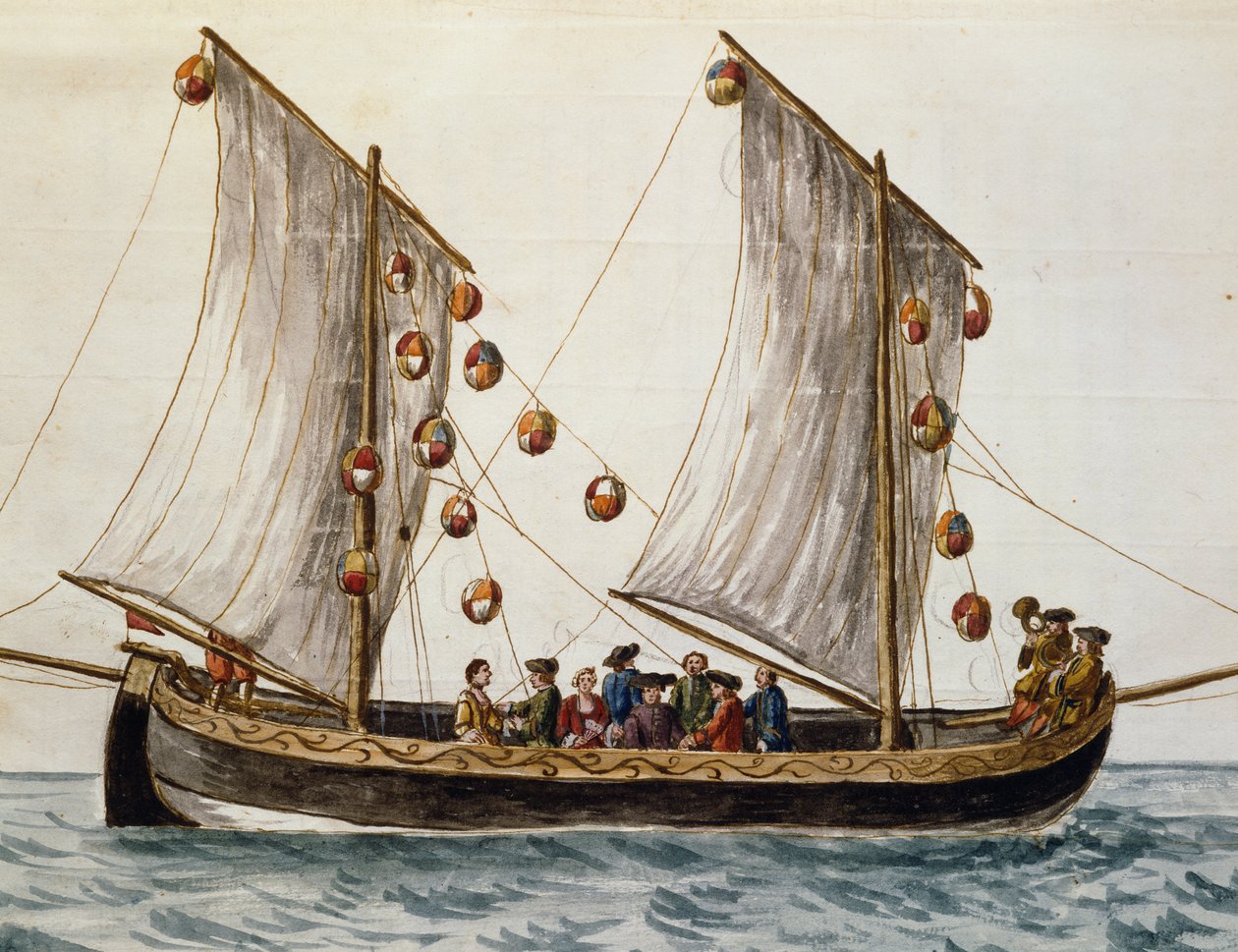 Barco veneziano deck para a Festa do Redentor, por Jan Grevenbroeck (1731-1807), aguarela, Itália de Jan van Grevenbroeck