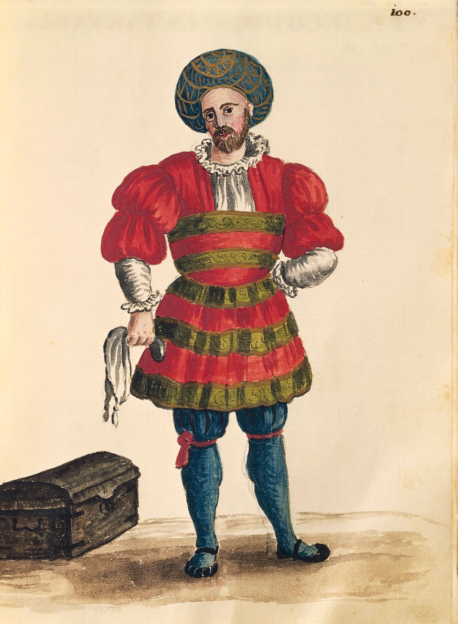 Vestuário veneziano: Viajante veneziano, de Jan van Grevenbroeck ou Giovanni Grevembroch (1731-1807), Gli Abiti de Veneziani, do livro ilustrado de fantasias, aguarela de Jan van Grevenbroeck