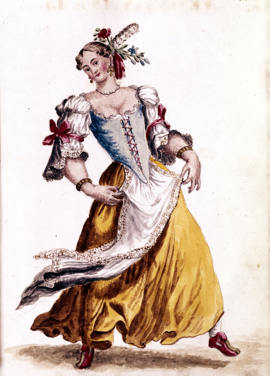 Dança veneziana. Desenho aquarelado e tinta do manuscrito "Costumes dos Venicianos" de Jan van Grevenbroeck (ou Giovanni Grevembroch (Grevenbroch) (1731-1807) de Jan van Grevenbroeck
