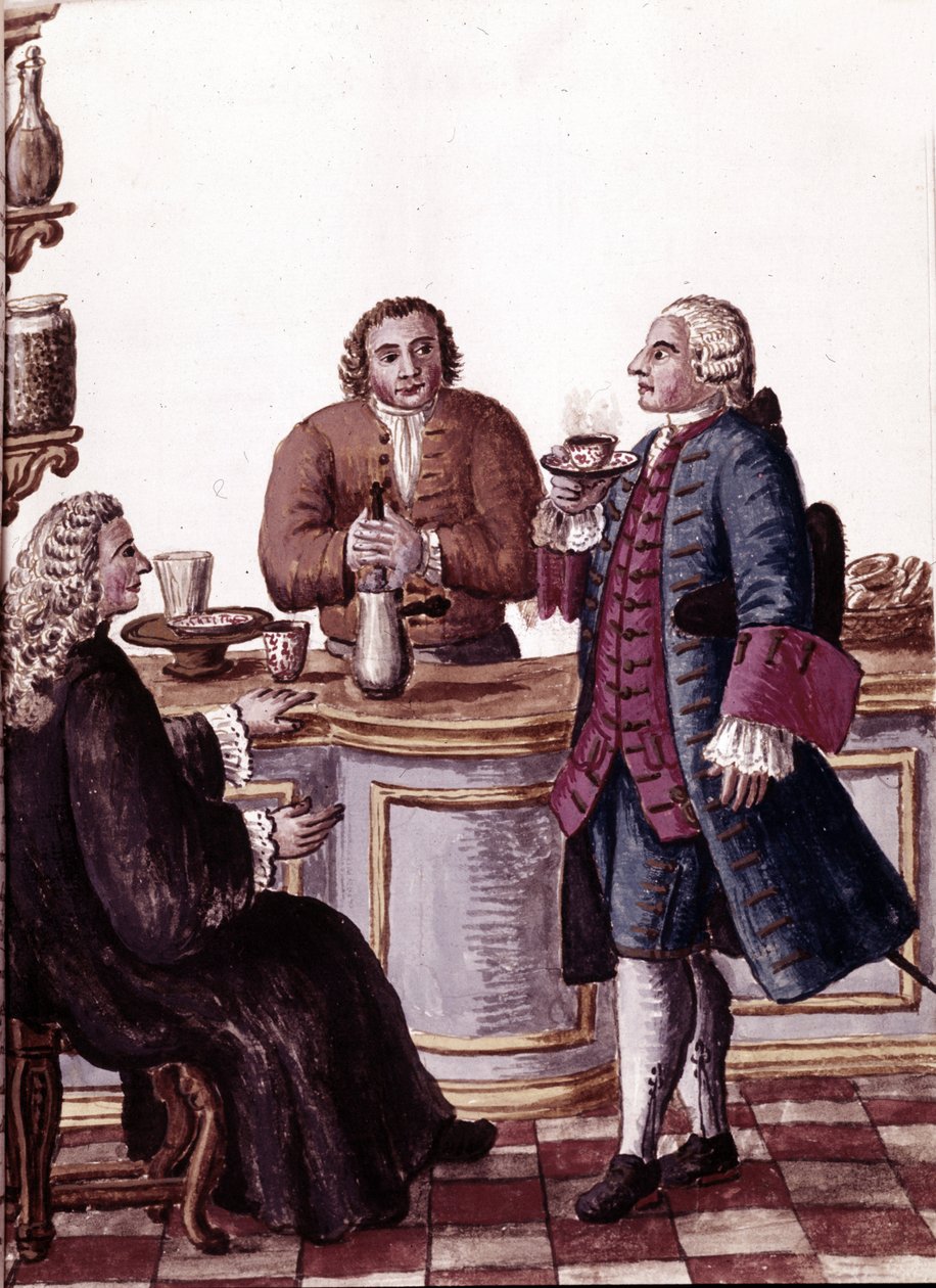 Nobres venezianos no café, um deles está a desfrutar de um chocolate. Desenho aquarelado e tinta do manuscrito "Costumes dos Venicianos" de Jan van Grevenbroeck (ou Giovanni Grevembroch (Grevenbroch) de Jan van Grevenbroeck