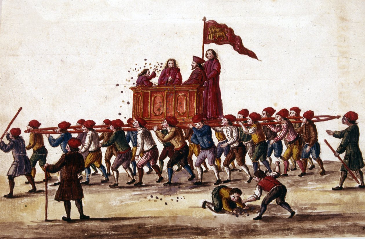 Festas venezianas. O príncipe que acaba de ser eleito é levado em triunfo pelos trabalhadores do Arsenal para a Praça de São Marcos. Durante o curso ele atira moedas para a multidão. Desenho aquarelado e tinta é tirada do manuscrito "Costumes dos Veniciano de Jan van Grevenbroeck