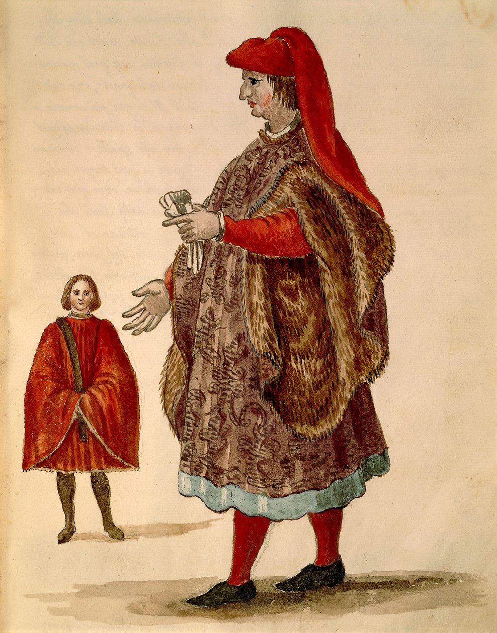 Senador veneziano usando "Dogalina", túnica formal com mangas largas, de Jan van Grevenbroeck ou Giovanni Grevembroch (1731-1807), Gli Abiti de Veneziani, de livro ilustrado de fantasias, aguarela de Jan van Grevenbroeck