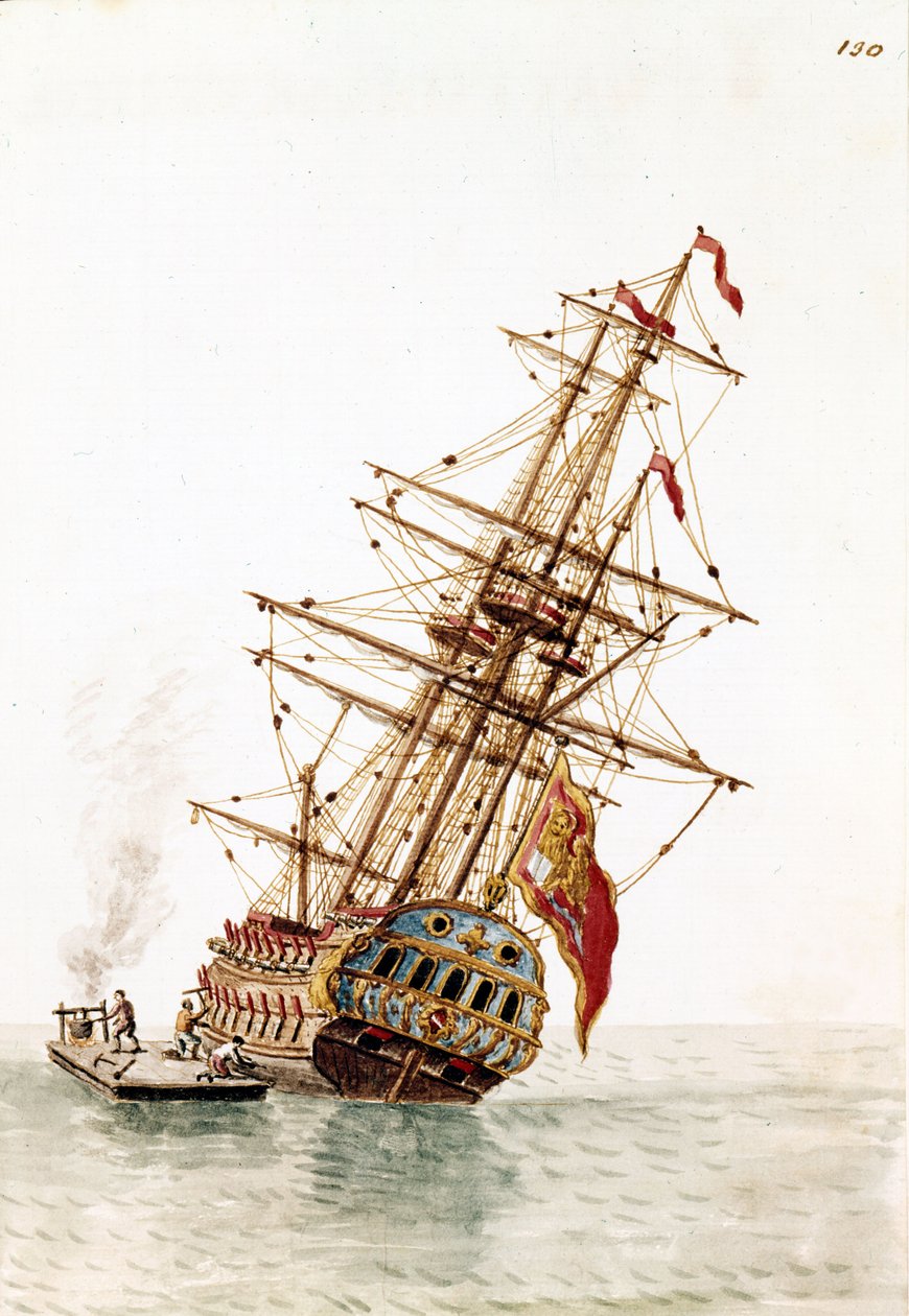 Nave veneziana abatida no casco para ser reparada. Desenho aquarelado e tinta do manuscrito "Costumes dos Venicianos" de Jan van Grevenbroeck (ou Giovanni Grevembroch (Grevenbroch) (1731-1807) de Jan van Grevenbroeck