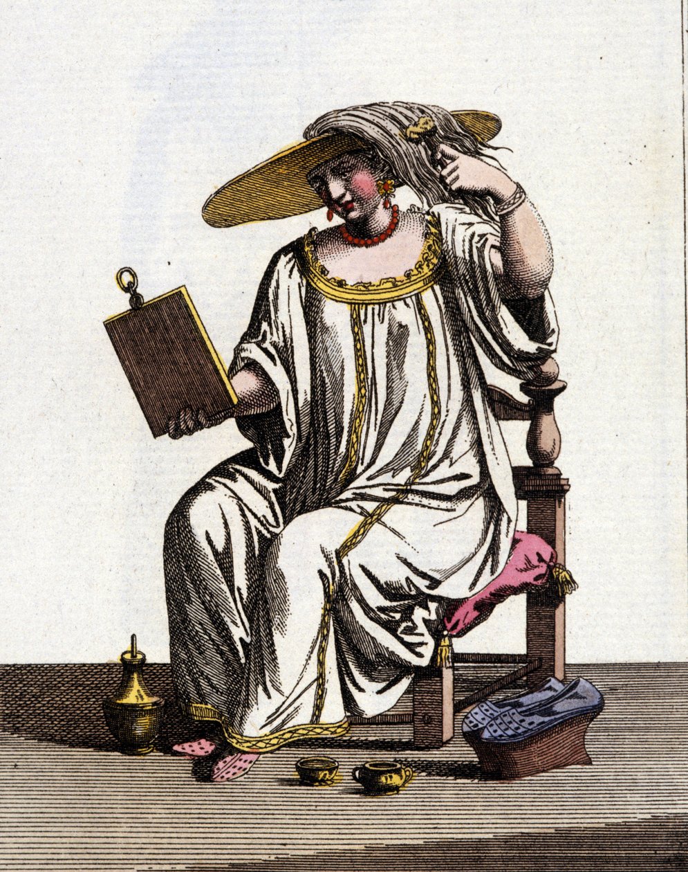 O método das mulheres venezianas para clarear o cabelo ao sol nos séculos XVII - XVIII. Desenho aquarelado e tinta do manuscrito "Costumes dos Venicianos" de Jan van Grevenbroeck (ou Giovanni Grevembroch (Grevenbroch) (1731-1807) de Jan van Grevenbroeck