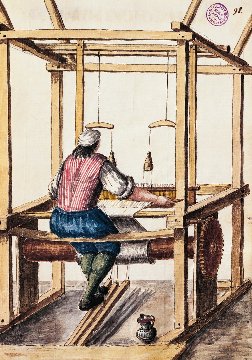 Weaver, Ilustração de Jan van Grevenbroeck (1731-1807) de The dress of the Venetians manuscript, Itália de Jan van Grevenbroeck