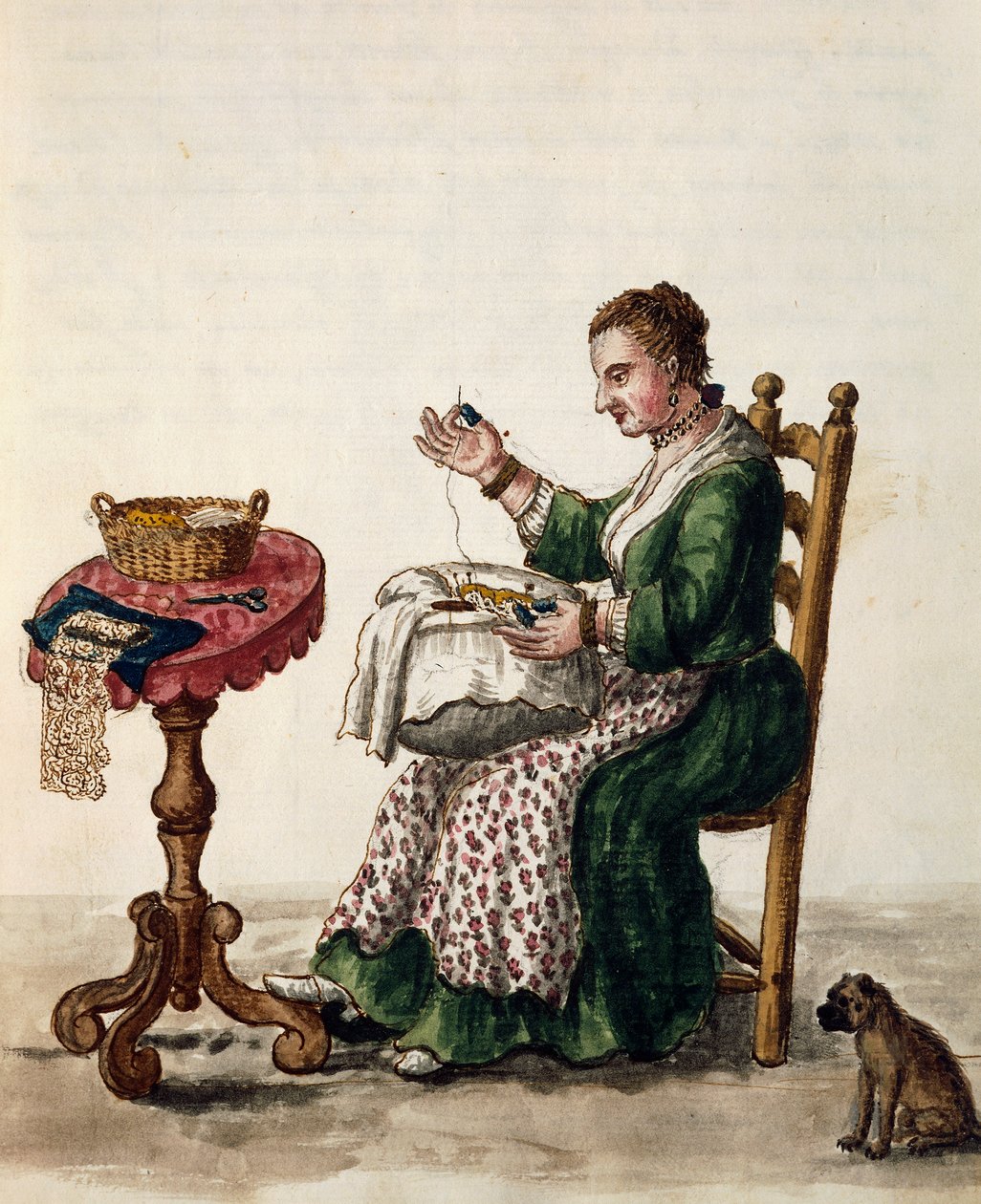 Mulher fazendo punto em renda de agulha de ária, ca 1754, ilustração do livro Ilustrado de trajes venezianos, Volume III, c 147, de Jan Grevenbroeck (1731-1807), aguarela, Itália de Jan van Grevenbroeck