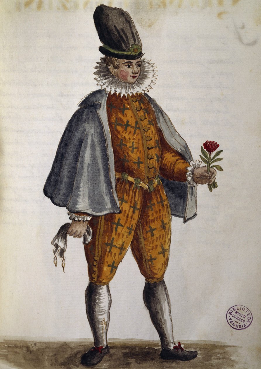 Jovem veneziano, aguarela de A roupa veneziana, de quase todas as idades diligentemente recolhida e pintada no século XVIII, por Jan van Grevenbroeck ou Giovanni Grevembroch (1731-1807), Itália de Jan van Grevenbroeck