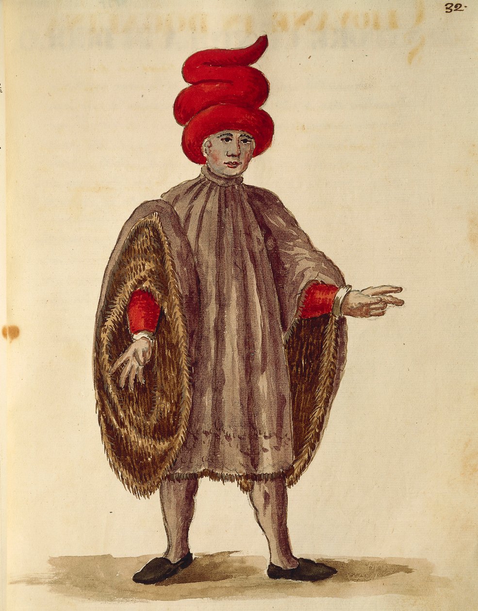 Jovem usando "Dogalina", túnica formal com mangas largas, de Jan van Grevenbroeck ou Giovanni Grevembroch (1731-1807), Gli Abiti de Veneziani, de livro ilustrado de fantasias, aguarela de Jan van Grevenbroeck