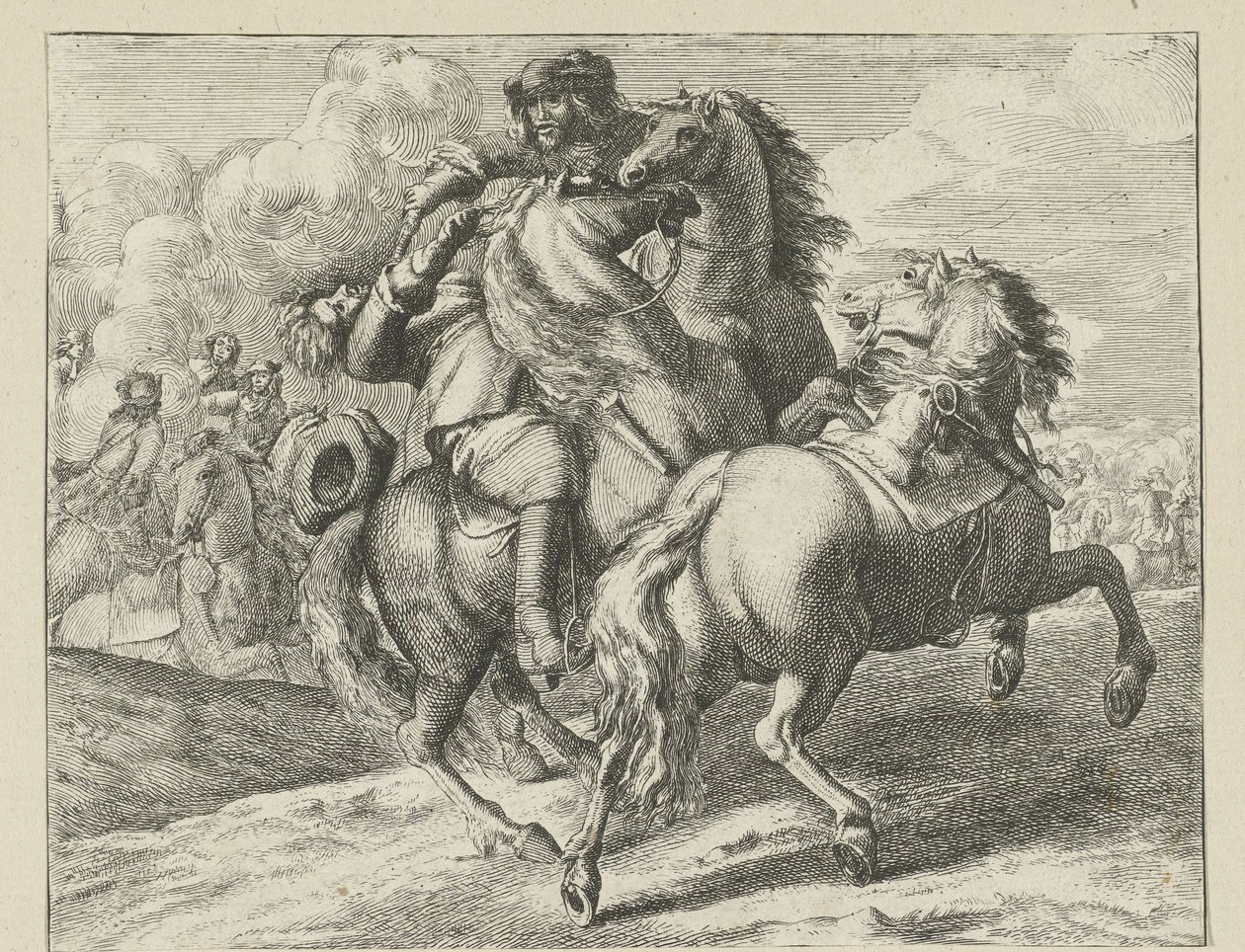 Soldado baleado a cavalo Cenas de Cavalaria (título da série) de Jan van Huchtenburg (possibly copy after)