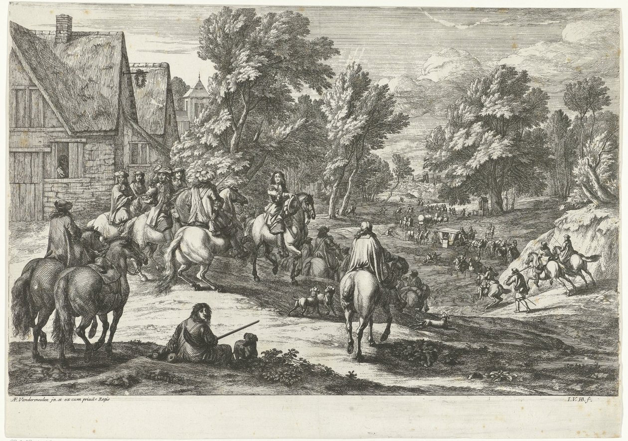 Vista de uma aldeia com cavaleiros em primeiro plano de Jan van Huchtenburg