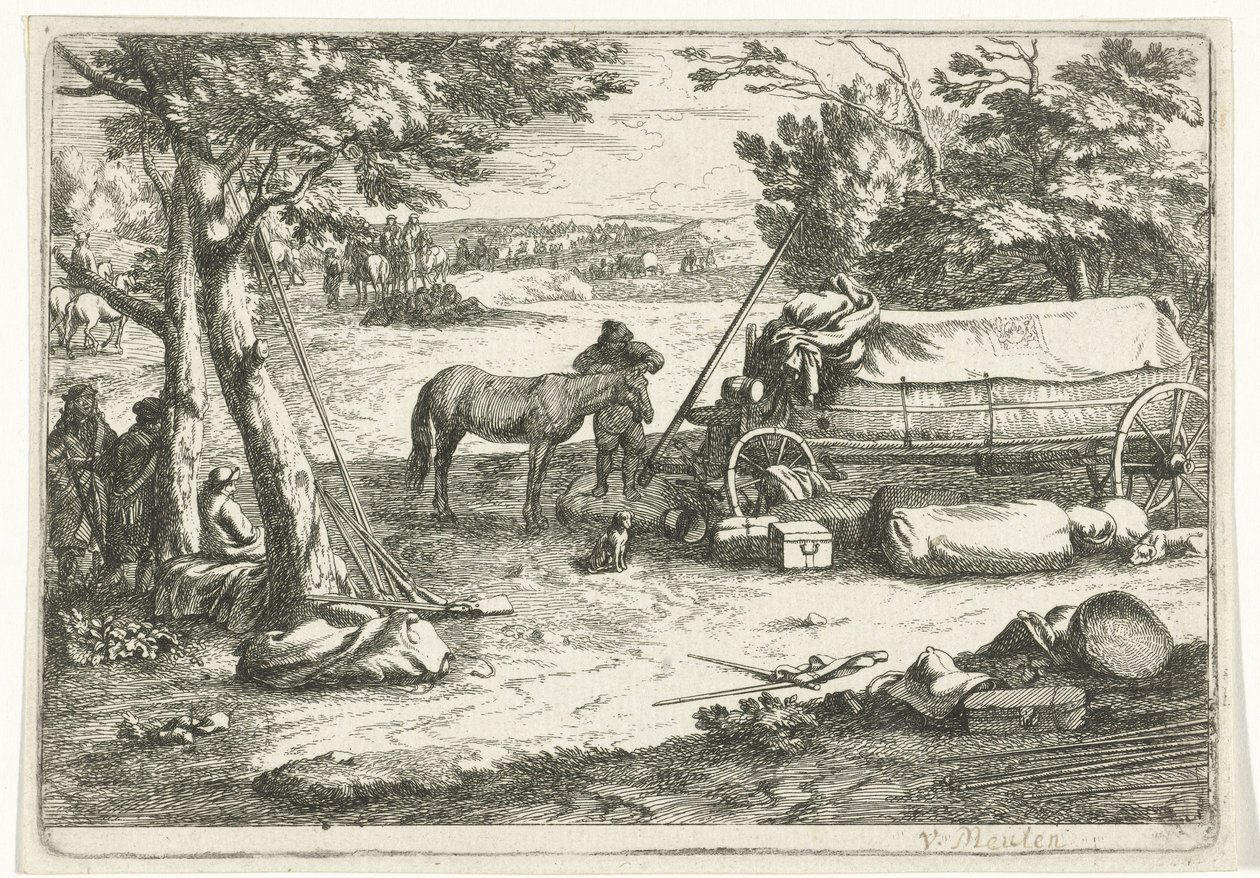 Paisagem com carroça e figuras de Jan van Huchtenburg