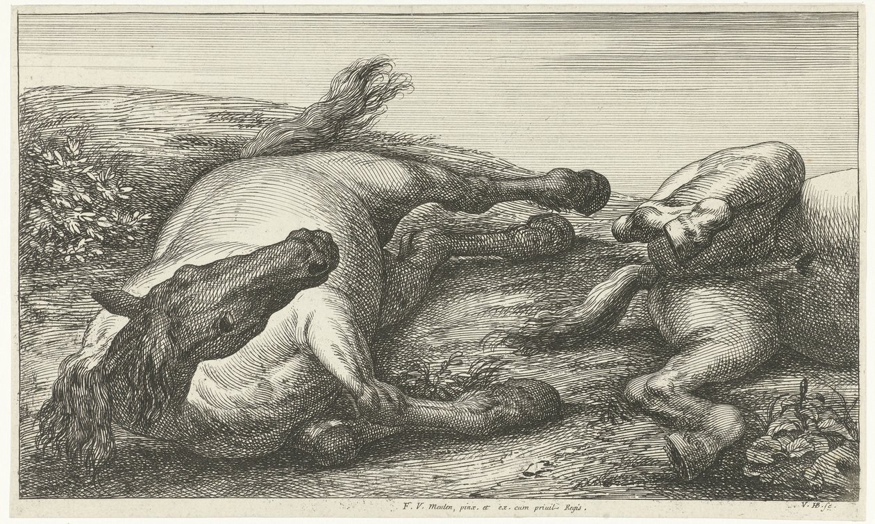 Dois cavalos caídos, o esquerdo visto de frente Cavalos Mortos (título da série) de Jan van Huchtenburg