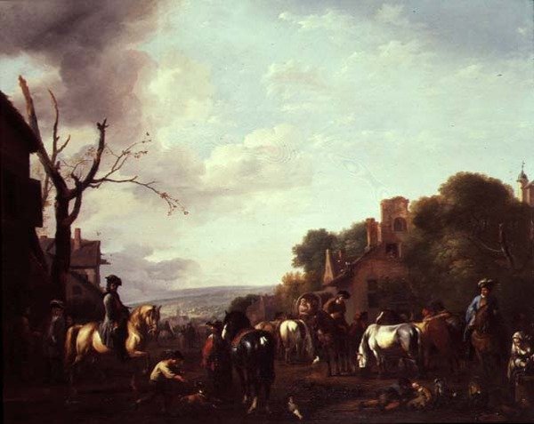 Cavaleiros e viajantes pararam em uma aldeia de Jan van Huchtenburgh
