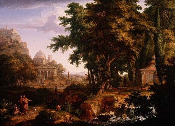 Paisagem árcade com São Pedro e São João curando o homem aleijado, 1724-25 (par com 68871) de Jan van Huysum