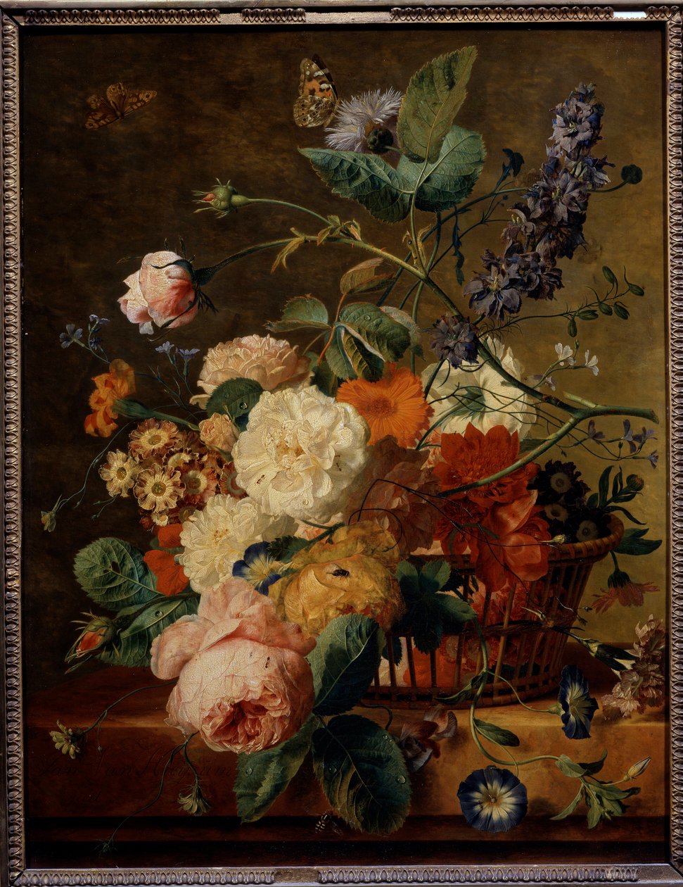 Cesto de flores com borboletas. Pintura de Jan Van Huysum (1682-1749) Ec. Hol. de Jan van Huysum