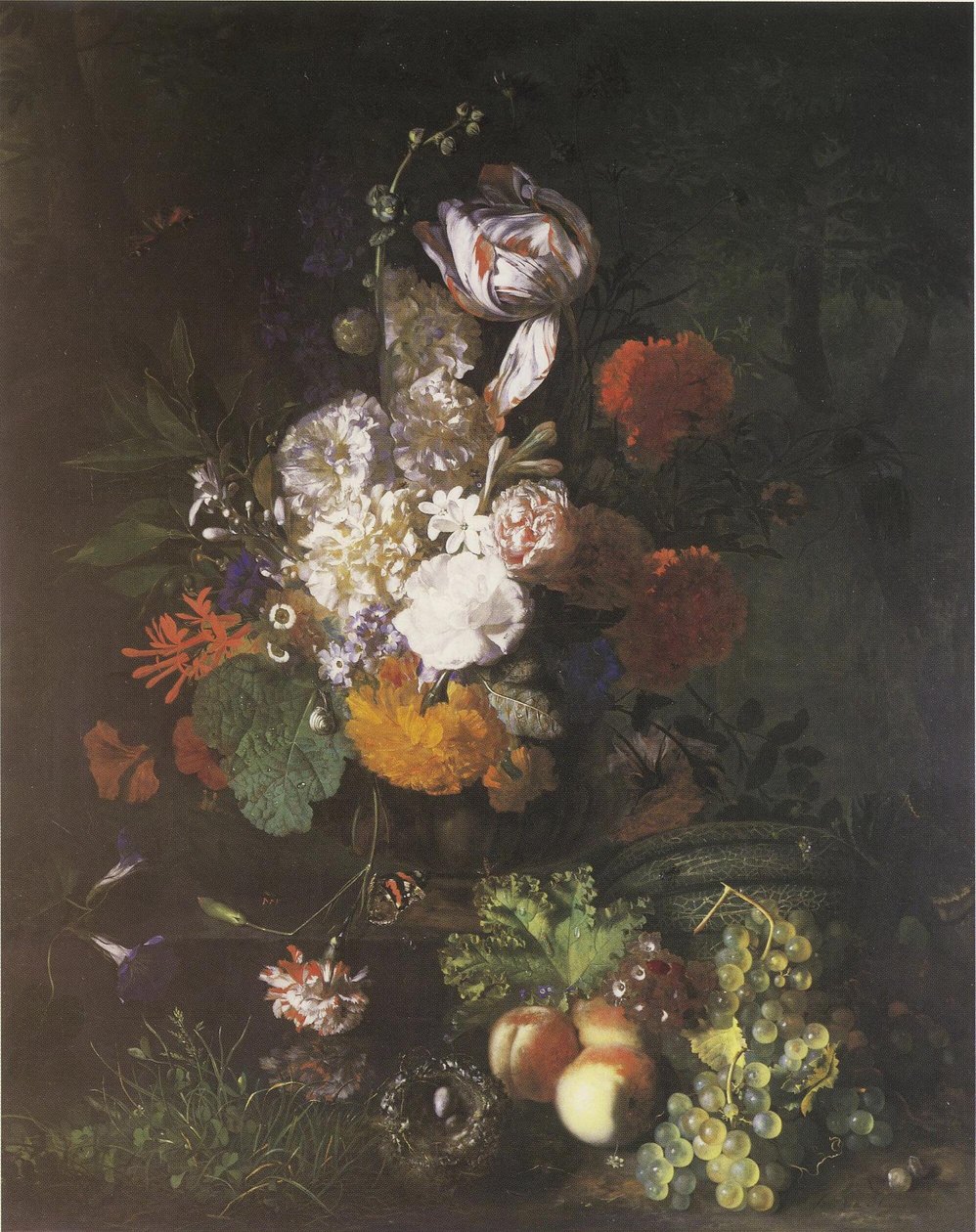 Peça floral com fruta e relva de Jan van Huysum