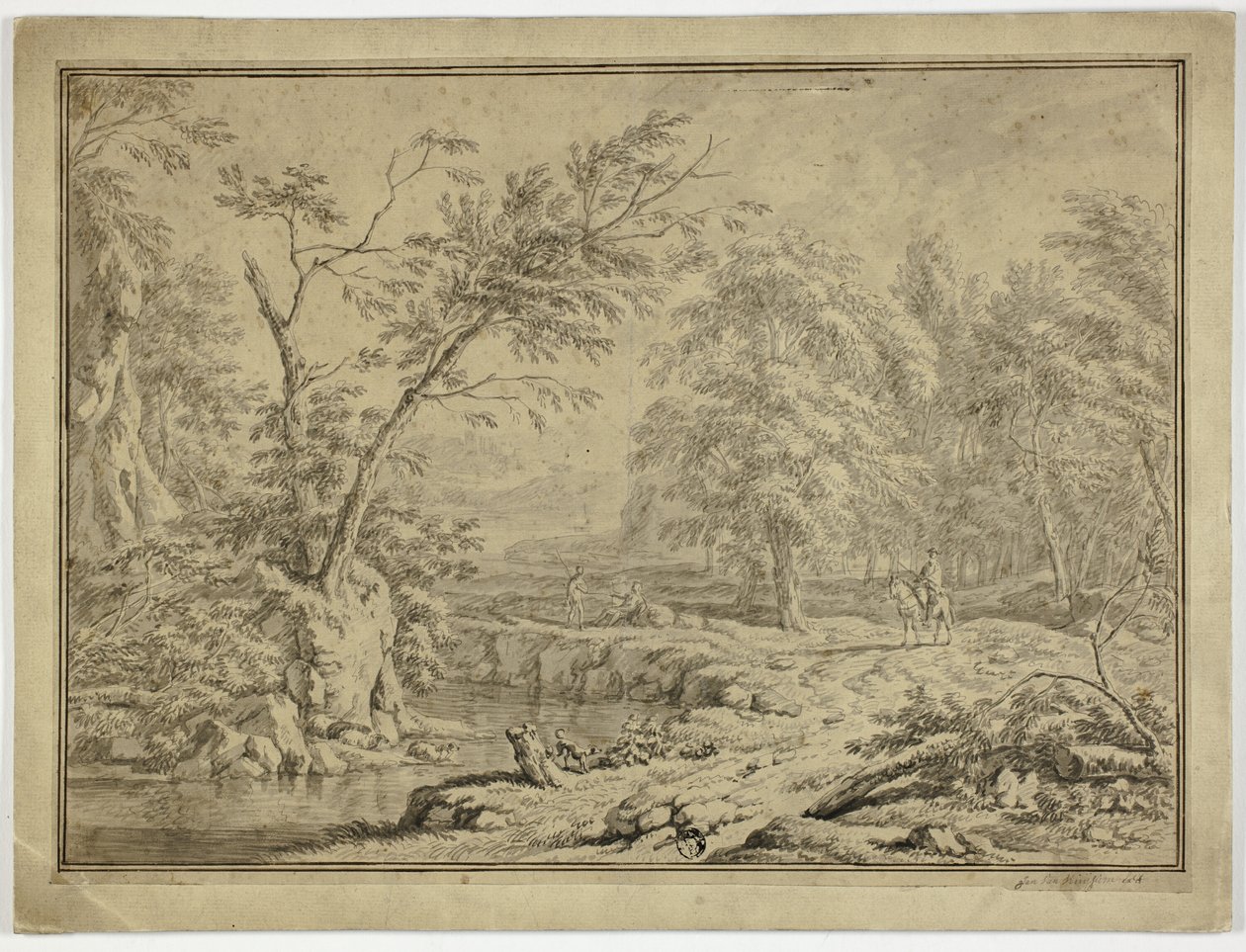 Paisagem com pastores pelo rio e homem a cavalo de Jan van Huysum