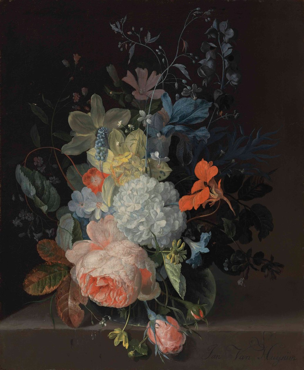 Vaso de flores sobre um parapeito, com uma rosa, uma bola de neve, narcisos e íris de Jan van Huysum