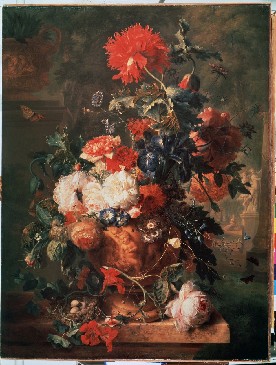 "" Buquê de flores "" (Flores) Também está representado um ninho com ovos e insetos (incluindo borboleta, mosca, formiga e joaninha) Pintura de Jan van Huysums (1682-1749) 1722 Museu Hermitage São Petersburgo de Jan van Huysums
