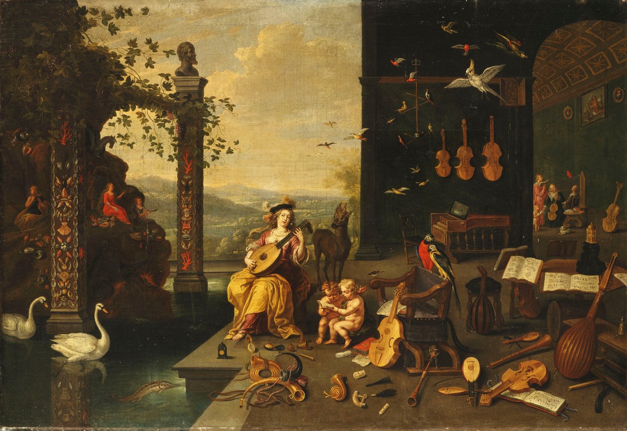 Uma personificação da música: uma jovem tocando alaúde em um terraço diante de uma galeria aberta de Jan van Kessel