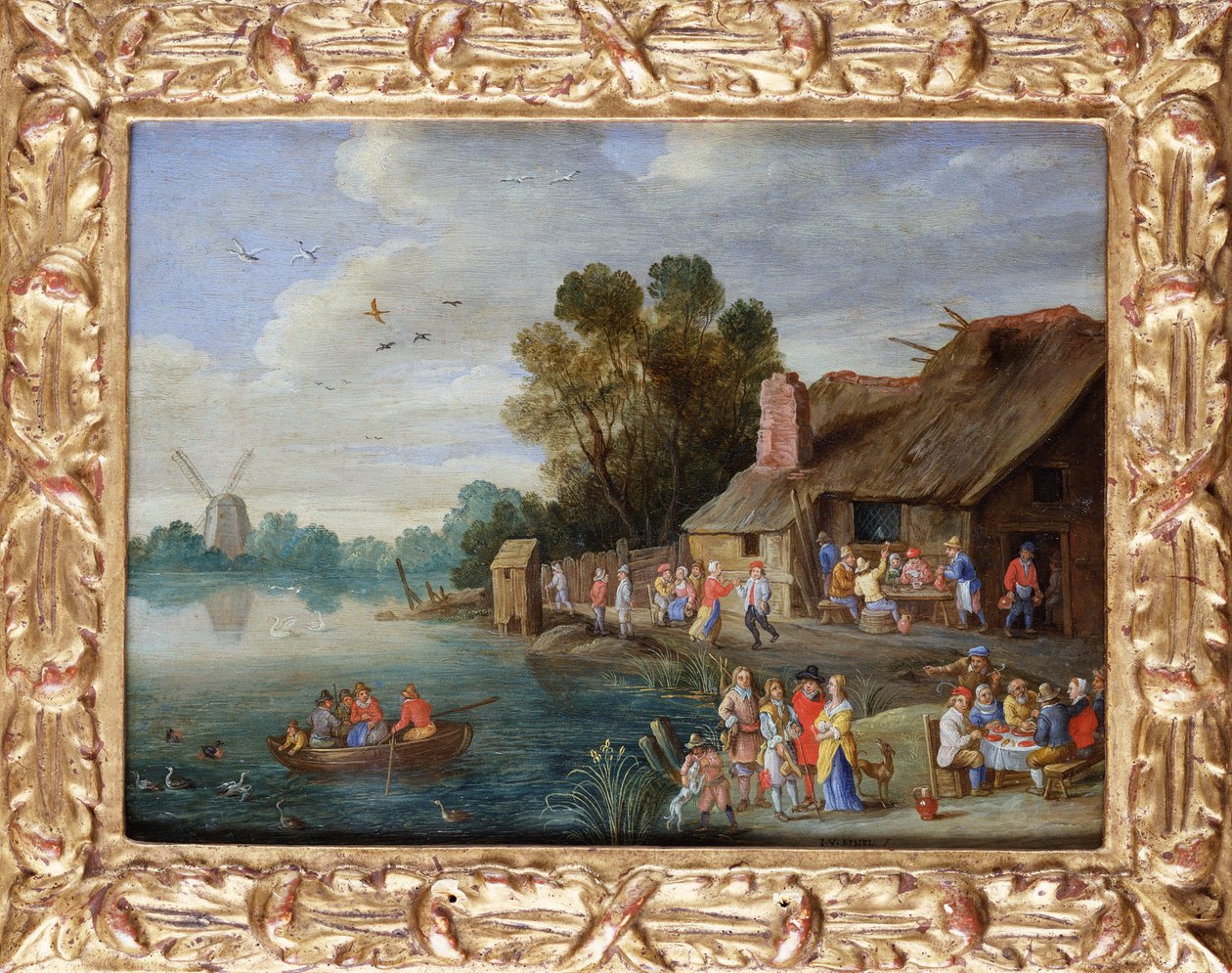 A paisagem do rio com Gentry em um Village Inn de Jan van Kessel